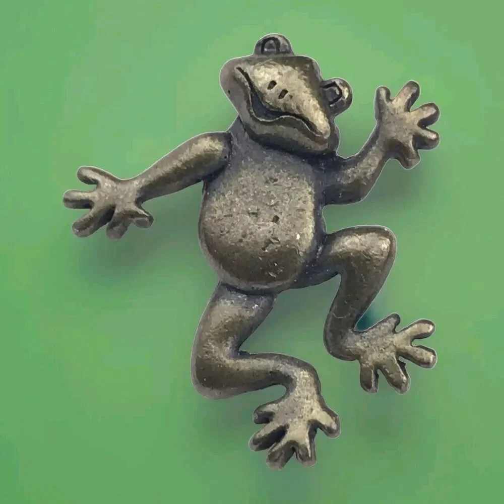 JJ Frog Pin Antiqued Bronze Jumping Pose Whimsical Vintage Brooch